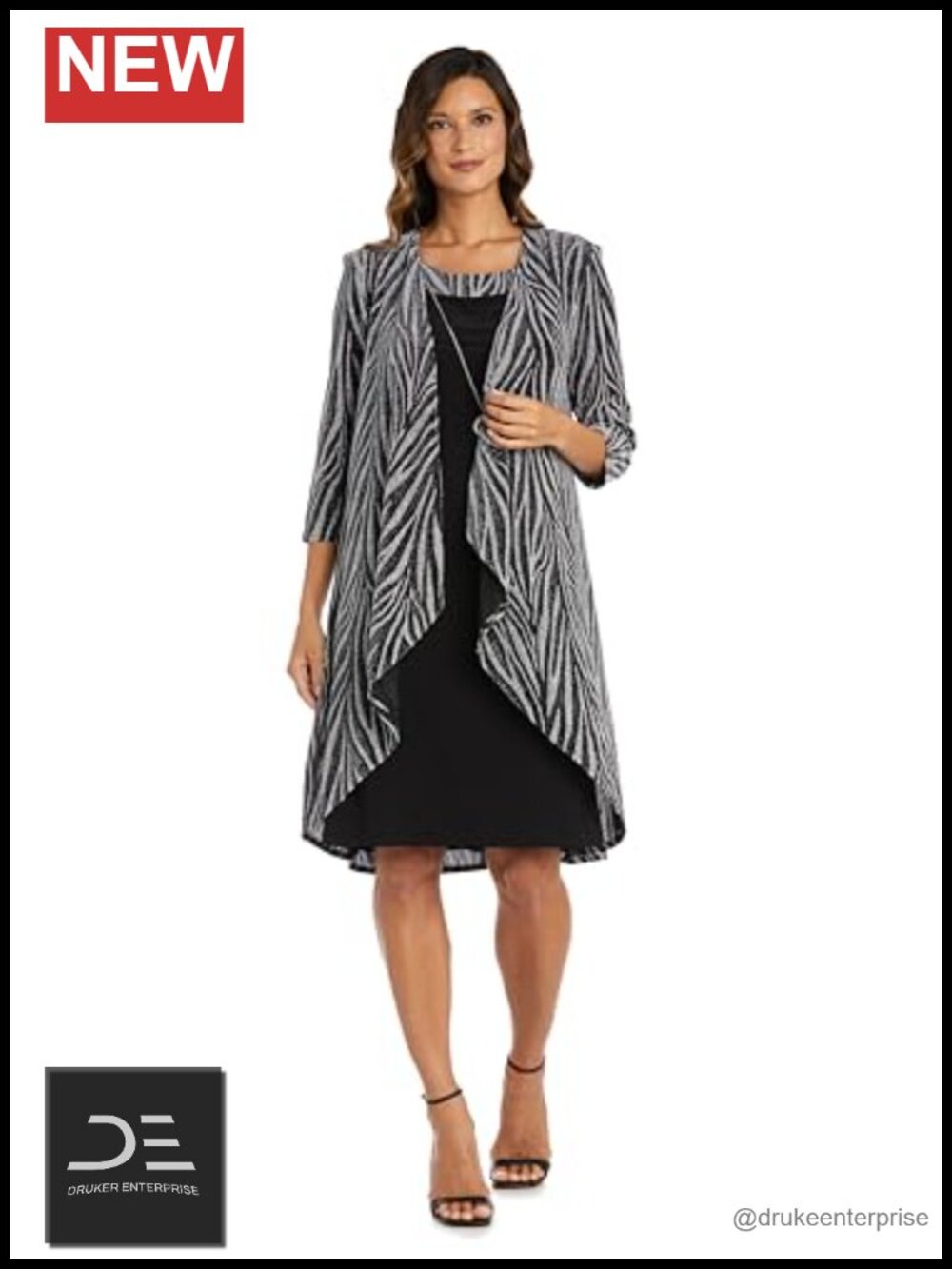 Metallic Jacquard Knit Dress Set with Jacket & Necklace